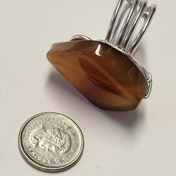 Amber Brown Rhombus Shape Ring Adjustable Band Handmade Semi Precious Ring - Picture 8 of 10